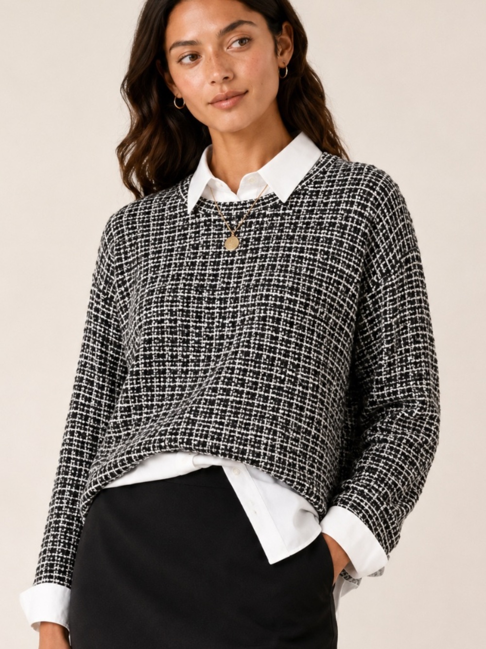 Max Studio - Black White Tweed Crew Neck Top - SzM/L